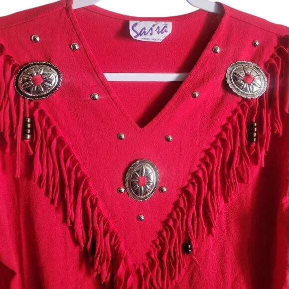 Sas'sa Western Fringe Top Womens Size Medium Red Beaded Concho's Cowgirl Vintage - Picture 3 of 9